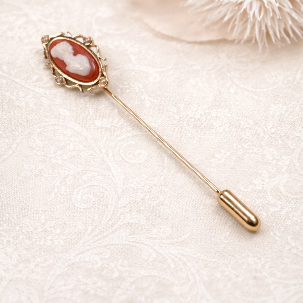 Vintage AVON Red Cameo Stick Pin Gold Tone Victorian Style Brooch Pin Hat Lapel